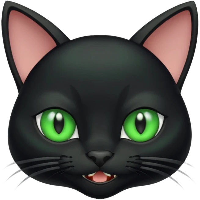 Black cat with large ears and green eyes with small fangs emoji
