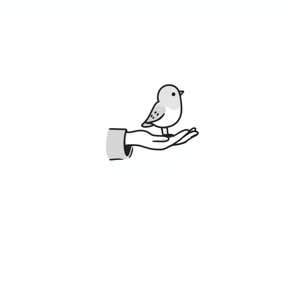 A small cute bird perched on an outstretched human hand/palm in pastel colors (dd9fb0, ffc6d3, a3bfc9, c4bee2, f1b091), hand-drawn doodle style emoji