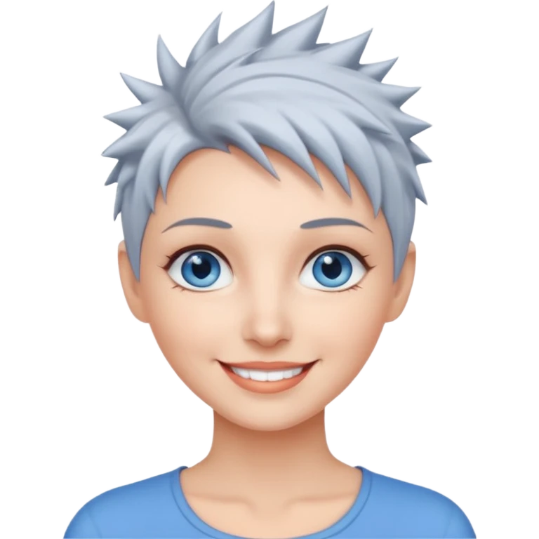 Pretty woman with blue eyes and gorgeous smile with short spikey grey hair emoji