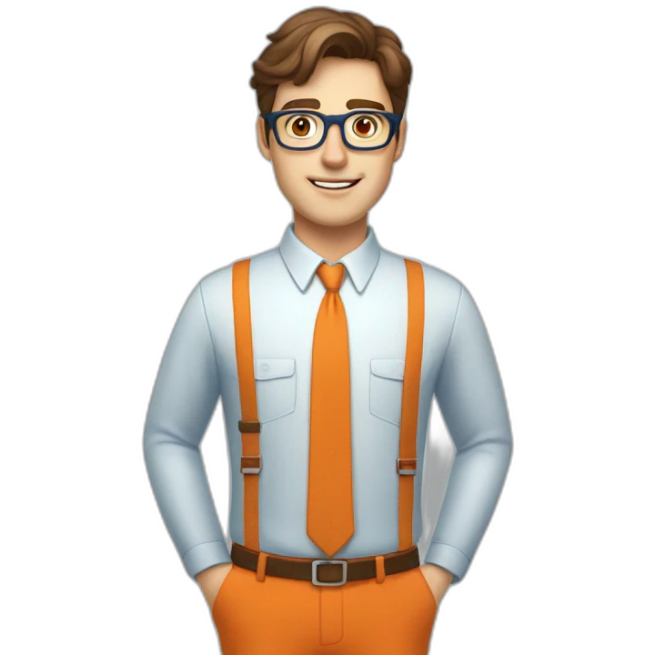 a brown-haired guy with square glasses, in an orange repairman's suit, blue eyes, emoji