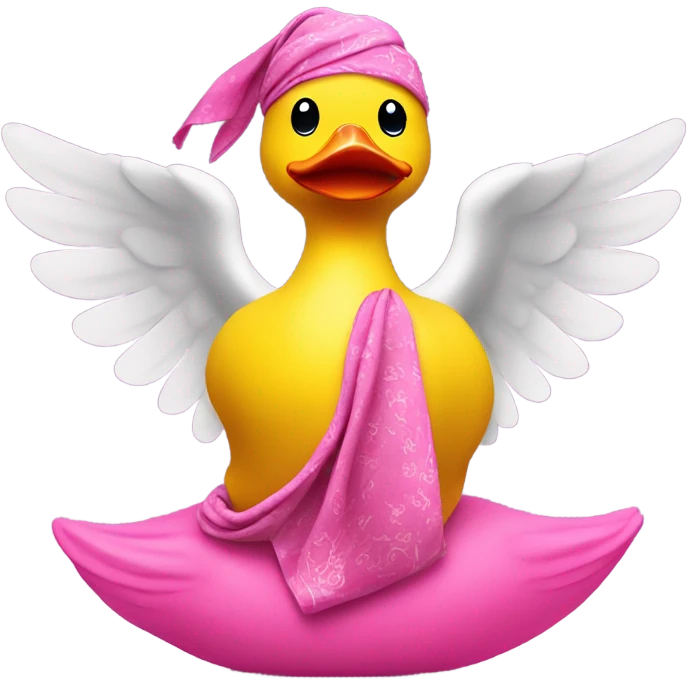 side view of yellow rubber duck with a pink bandana doing yoga, hands together emoji