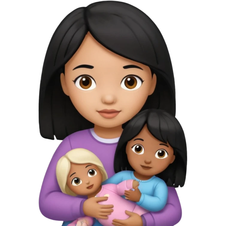 a Toddler black hair girl holding 1 doll emoji
