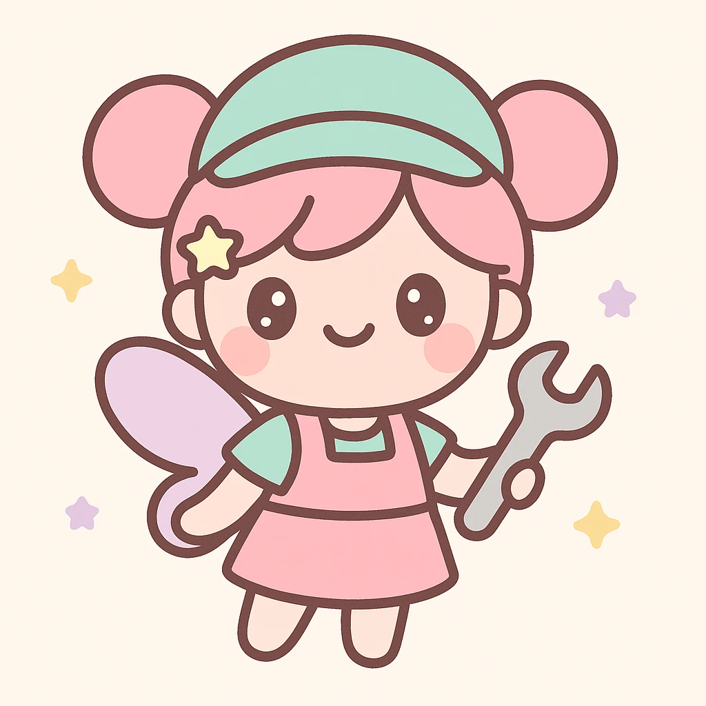 a pink fairy mechanic, smiling and holding a wrench, kawaii style emoji