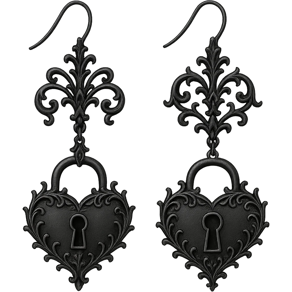 goth earrings, black heart lock, romantic gothic style, intricate emoji