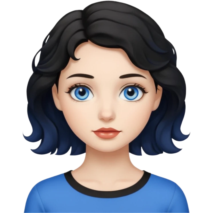a girl with blue eyes, short black wavy hair, natural clean girl makeup emoji