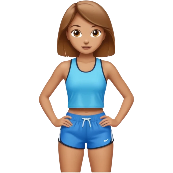 sporty and fit girl with light brown hair in shorts and with a beautiful face emoji