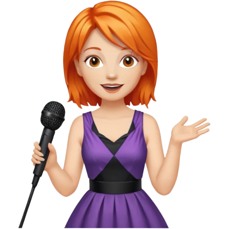 singer, Middle age, orange hair, happy, holding mic, wearing dress emoji