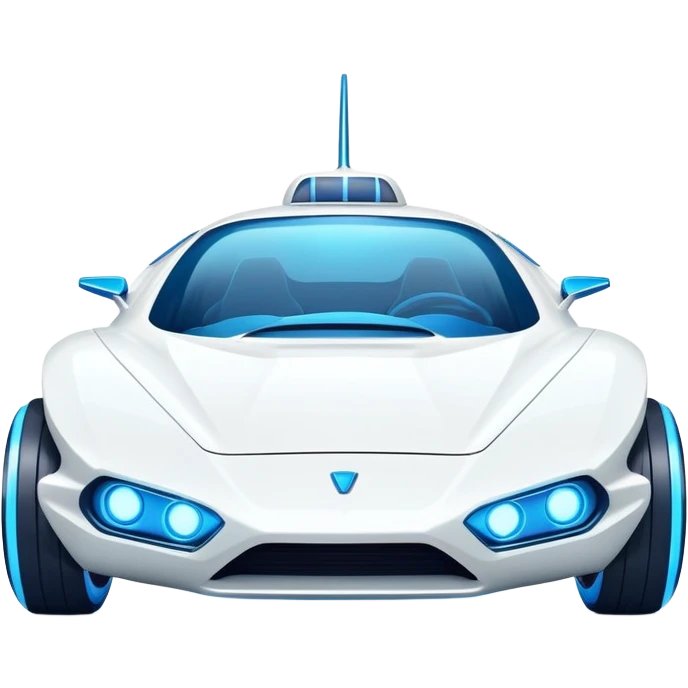 Futuristic retro hover white car with sharp angular design and glowing blue wheels, front view, flat vector style, minimal color palette with subtle blue highlights emoji