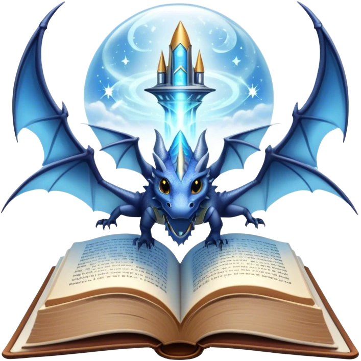 Icon for Fantasy and Sci-Fi Reading: an open book with magical creatures like dragons and fairies flying out, with a futuristic spaceship in the sky and a wizard casting spells. The icon should represent the magic and adventure of fantasy and science fiction worlds. Transparent background. emoji