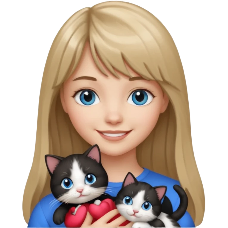 Apple-style emoji sticker of a young woman with long dark blond hair and bang, blue eyes , holding a black and white kitty emoji