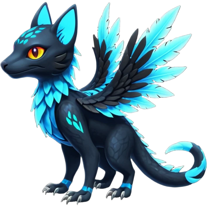 Black Dark Exotic Beaked Feathery Nocturnal Neon-glowing Abyssal Nightly Abyss-Cat-Gryphon-Salandit-Nargacuga-Silvally-Fakémon Creature (full body) emoji