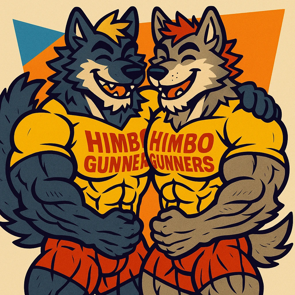 two super buff wolf furries wearing matching 'Himbo gunners' t-shirts, hugging, happy and confident, exaggerated muscle definition, detailed fur and anatomy, high quality emoji