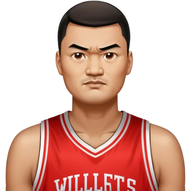 Yao Ming – Cinematic Realistic Portrait of Yao Ming, depicted as a towering basketball icon in a modern uniform, with a gentle yet determined expression and dynamic arena lighting that highlights his immense stature and graceful athleticism. emoji
