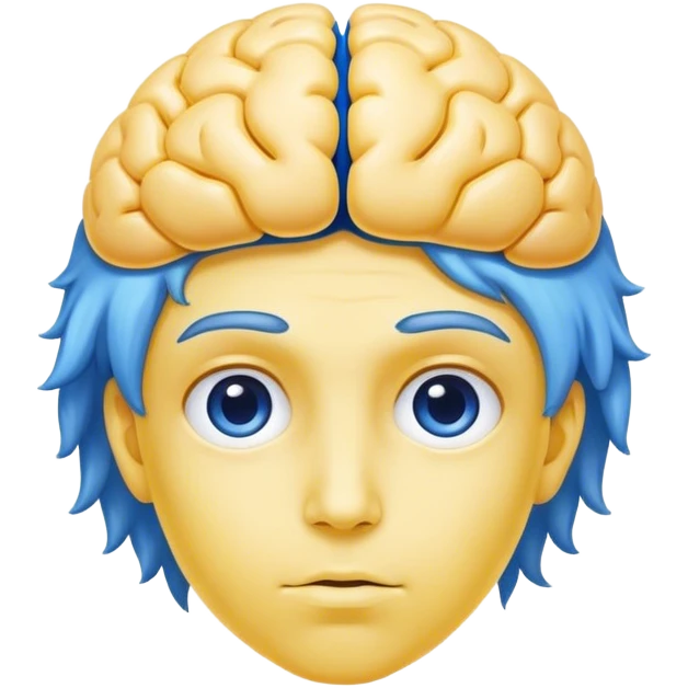 A real person face emoji, skin is emoji yellow, and hair is replaced by a blue brain emoji