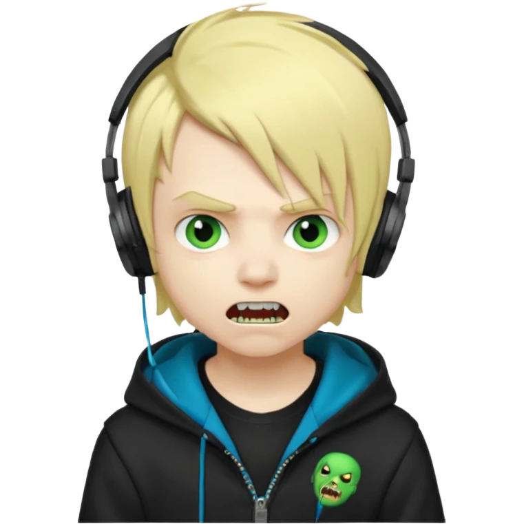 boy vampire whit blonde emo hair and eyes blue and GREEN SKIN and heandphones black AND A MICROFONE AND GOLD TEETH and agesive face and the hoodie black  emoji