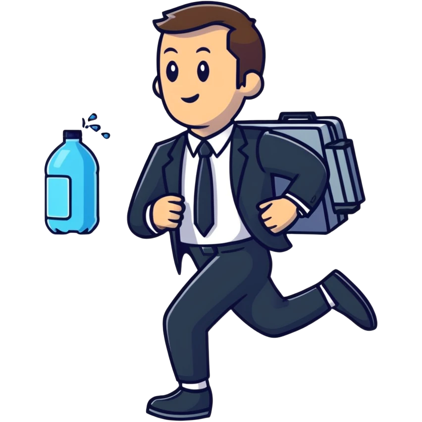 Businessman running a marathon in a suit with a water cooler emoji