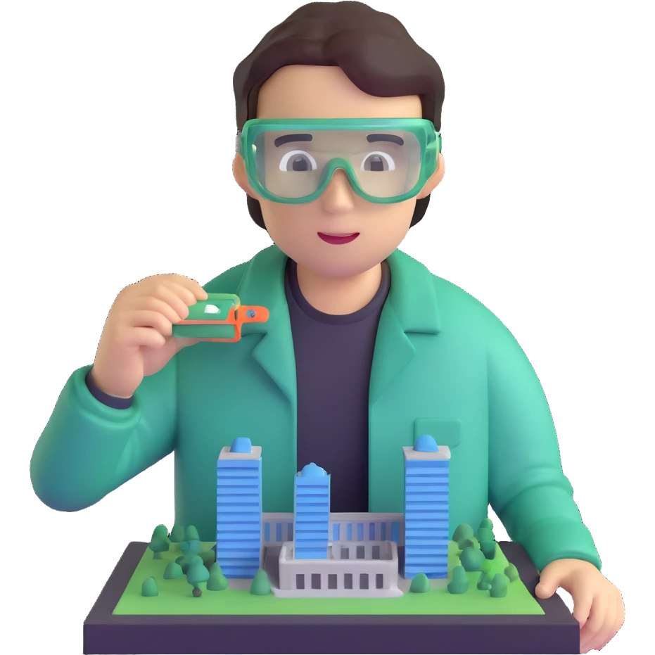 man making a model of a building wearing transparent protective safety glasses emoji
