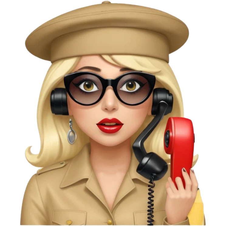 Lady Gaga in the Telephone video, wearing sunglasses and a telephone hat, dramatic pop fashion emoji