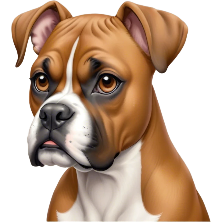 Cinematic Noble Fawn Boxer dog Portrait Emoji, Poised and regal, with a strong, muscular build and a sleek, well-groomed fawn Fur accented by a white muzzle and chest, deep-set soulful brown eyes, Simplified yet sharp and sophisticated features, highly detailed, glowing with a soft, dignified glow, high shine, intelligent and loyal, stylized with an air of strength, focused and attentive, soft glowing outline, capturing the essence of a watchful and confident guardian, so majestic it feels as though it could step out of the screen with effortless authority! emoji