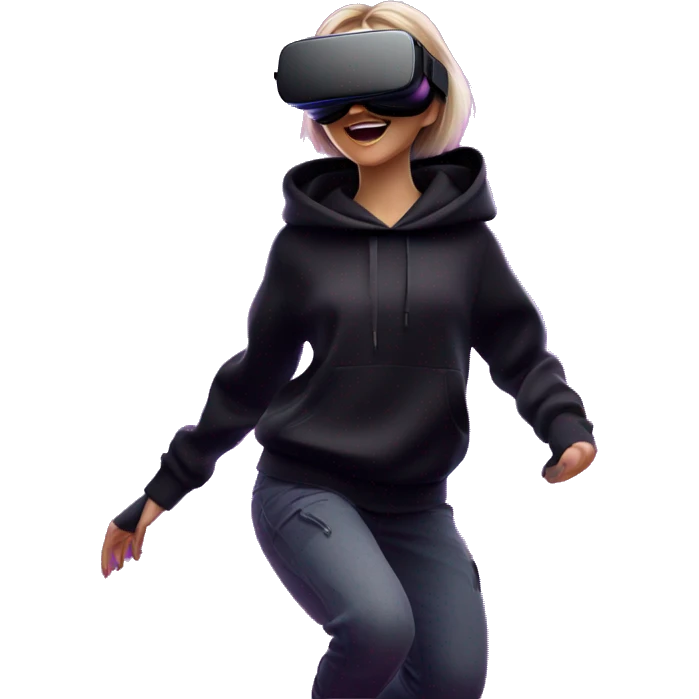 Russian girl wearing black hoody with violet letters "OMG", in vr headset oculus quest2. jumping. Cyberpunk style. Violet neon. emoji