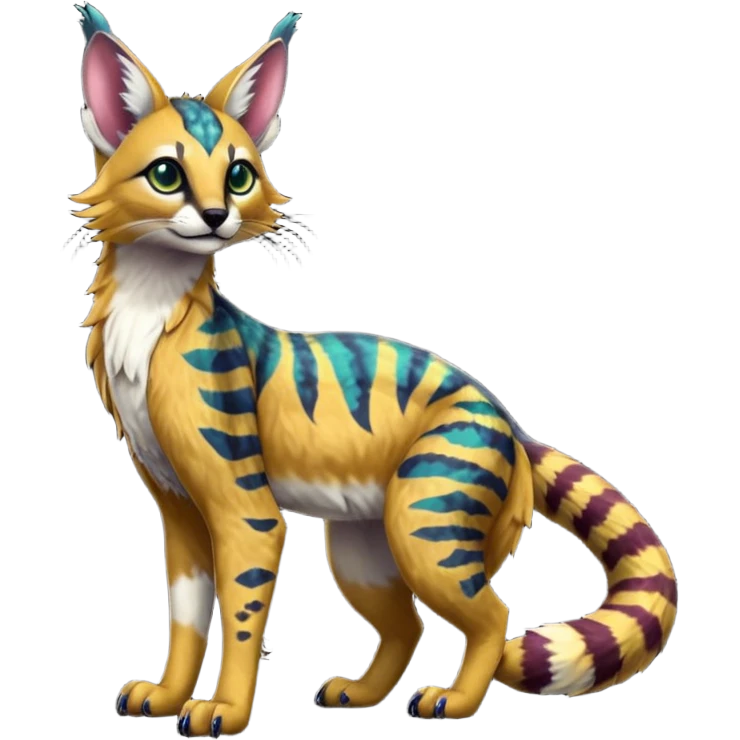Colorful dark tropical exotic cute cool beautiful shiny beautiful fantasy-caracal-civet-genet-sergal-vernid-serval-Gryphon-Cacomistle-Trico-oncilla-animal-Fakémon-hybrid-fursona (full body) emoji