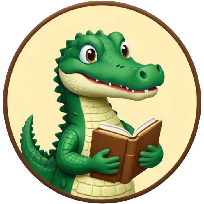 A claymation alligator with a book. The background is a solid white circle emoji