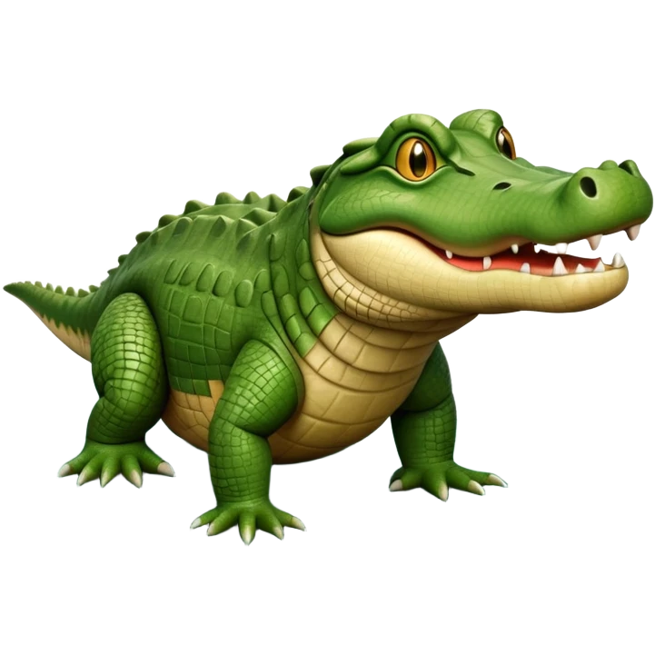 cinematic-crocodile-realistic-full-body-on all fours-emoji,-massive-scaled-body-partially-submerged-in-shallow-water,-head-tilted-dramatically,-rough-green-and-brown-hide-textured-with-deep-ridges,-simplified-yet-realistic-focused-features, head held high emoji