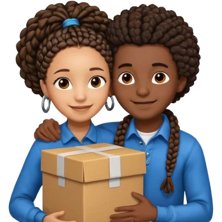 A lightskin with afro boy and dark skin girl with box braids hug emoji