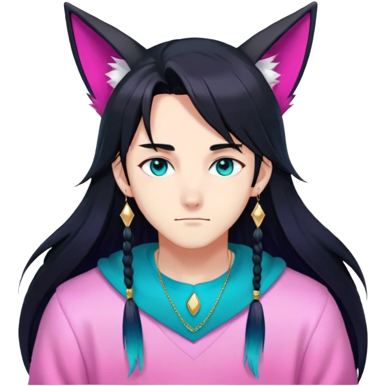 anime man with long-straight-dark-black hair, long black fox ears with pink Scapha, colorful-gradient-brown-turquoise eyes, gold earring, dark-blue-sweater, white pupils, turquoise tassel emoji