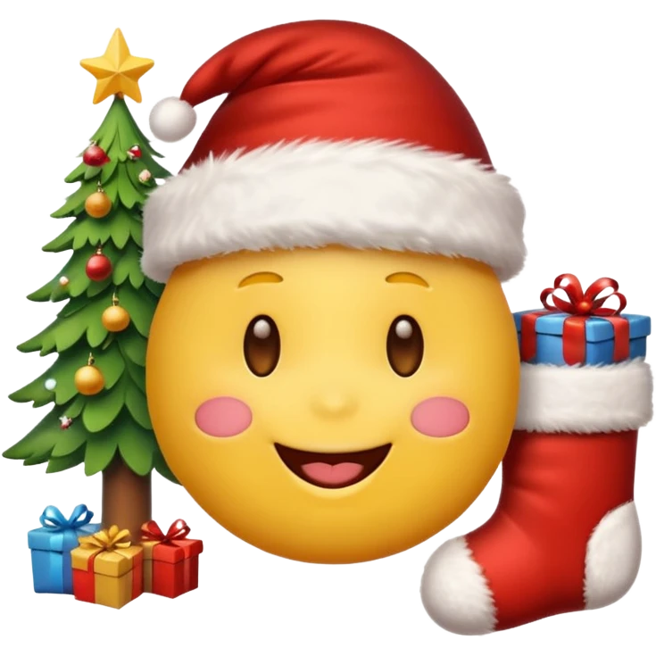 D cute yellow emoji face wearing a Santa hat, with a happy soft expression. Replace the hearts with festive Christmas elements: a Christmas tree, stocking, snowflake, and other holiday icons. emoji