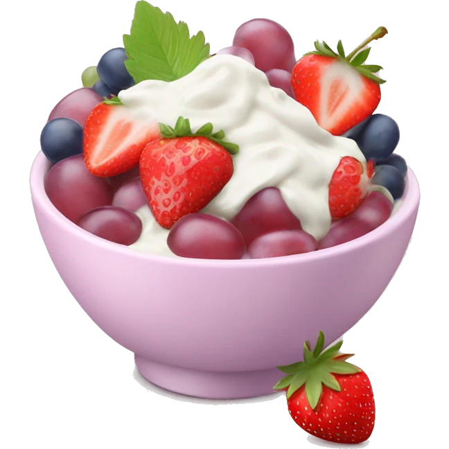 Light pink fruit yogurt bowl with strawberries and grapes emoji