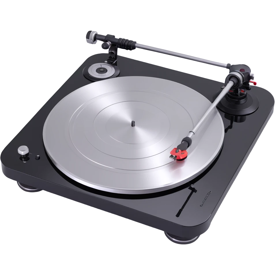Technics turntable in 3D emoji style, rounded features, shiny silver and black, visible tonearm and platter emoji