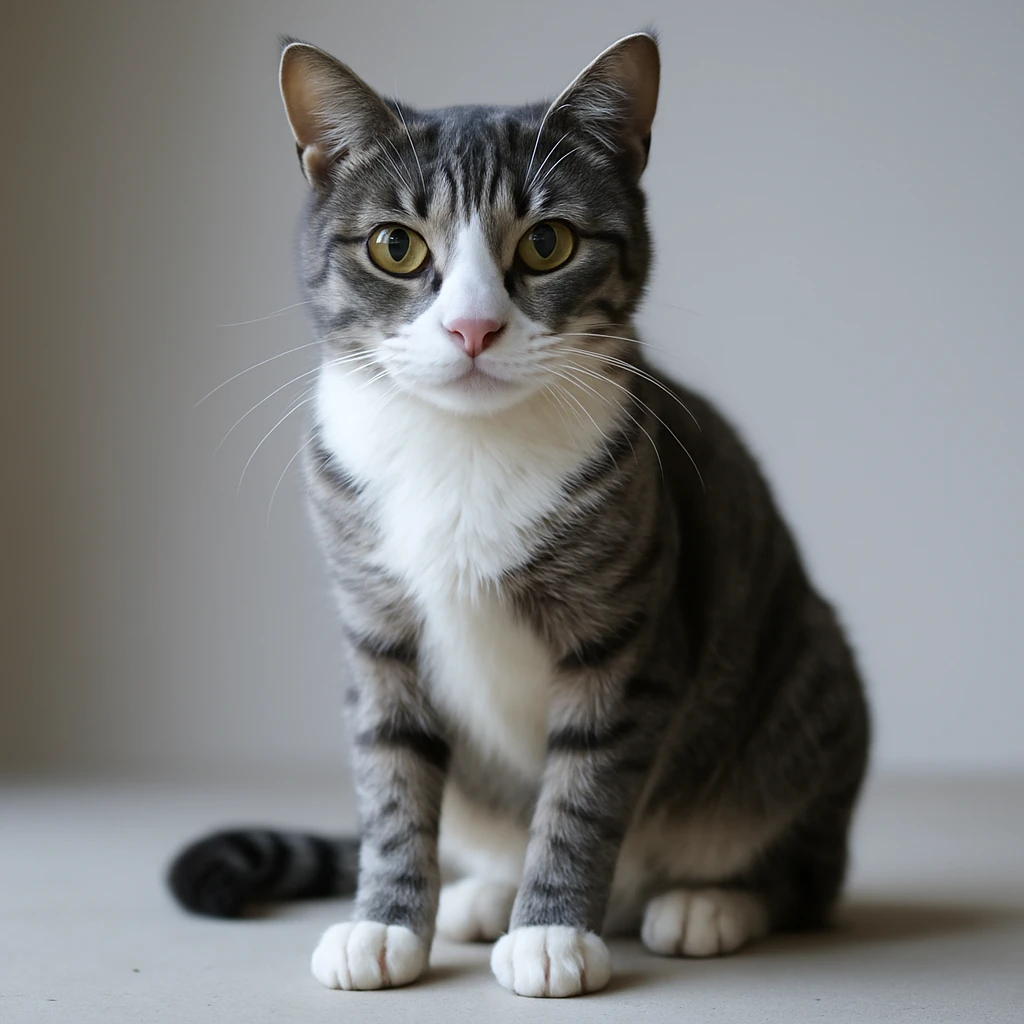 Make the cat skinnier by a little, keep it realistic with lifelike details. The cat should have a white nose and underbelly, gray fur, and maintain a lifelike appearance. emoji
