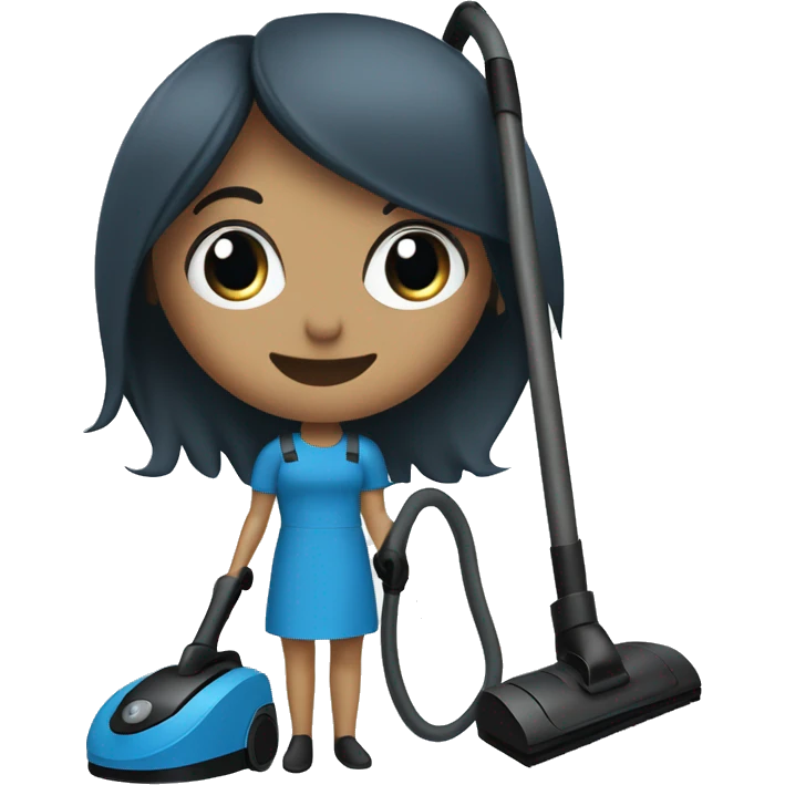 slate blue broom and vacuum cleaner, with a black lady, straight hair, small eyes, smiling emoji