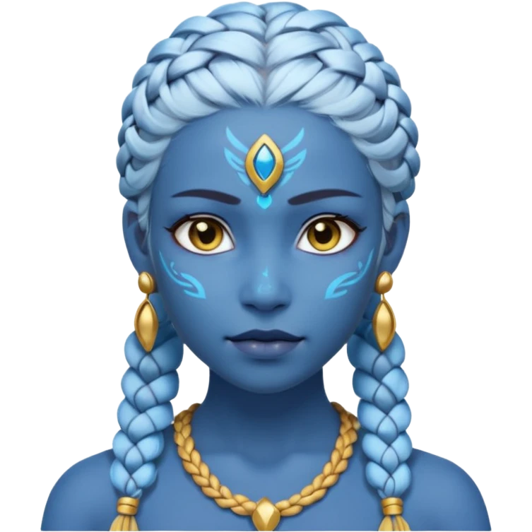Draw a Na’vi female with glowing blue skin, white forehead markings, braided hair, gold earrings & a calm gaze. emoji