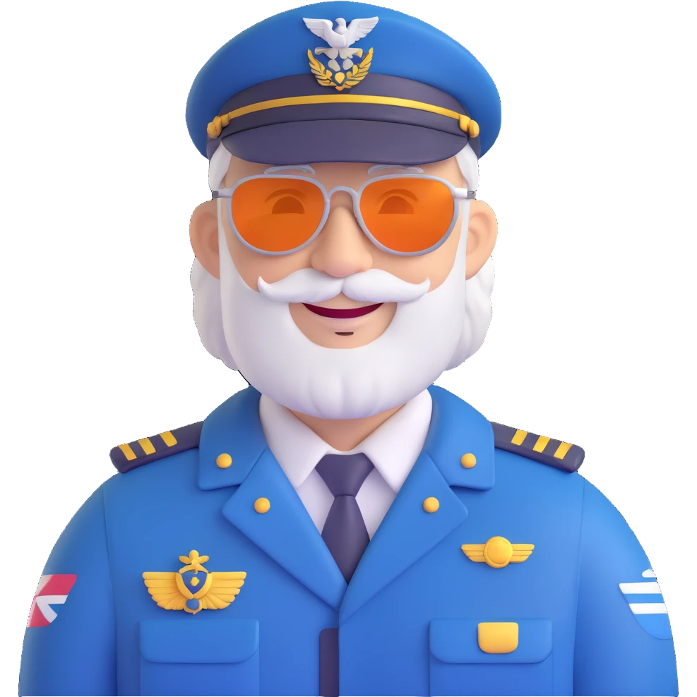 middle-aged male pilot, white skin, silver hair, beard, smiling, wearing sunglasses, pilot uniform and hat, round face, simple features, 3D look, clean background emoji