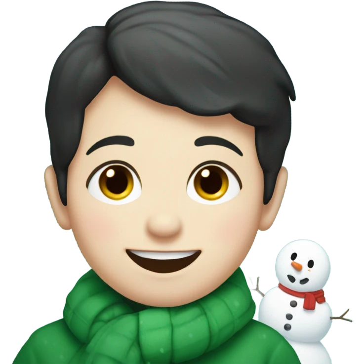 Irish dark haired baby with snowman in snowstorm emoji