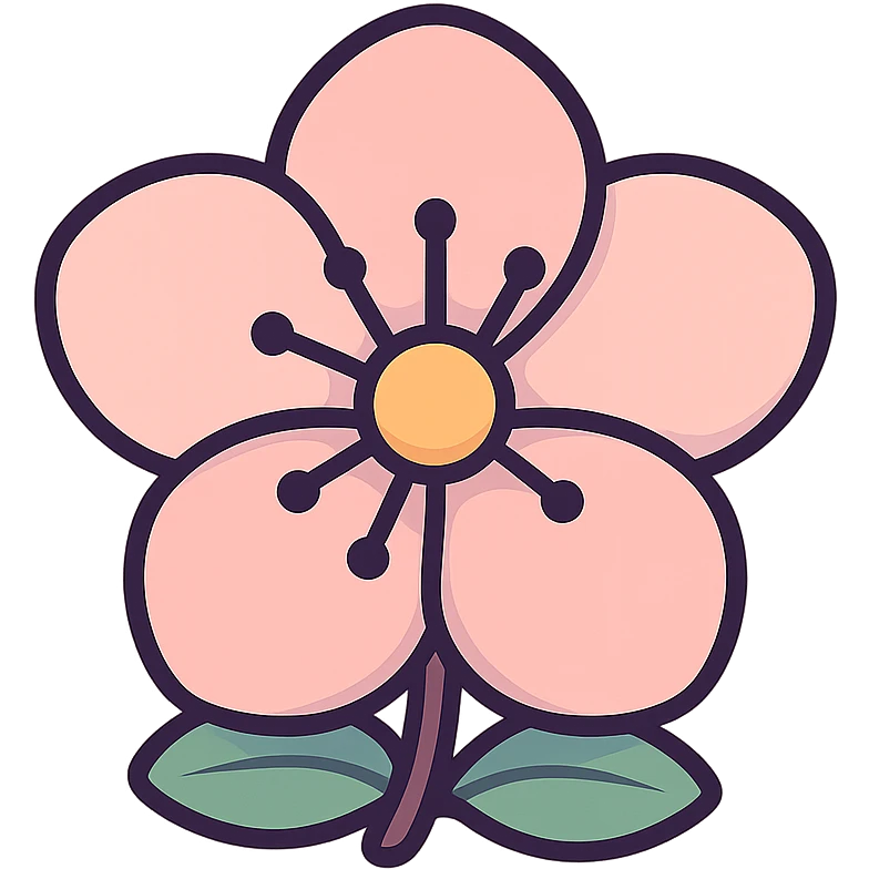 cute peach flower, icon-color-outlined style, thin clean outlines, soft rounded shapes, pastel palette #98B5BC, #B5B3C1, #C9A3C9, #E4C0CA, #F7DCD1, #F7C0AA, modern Japanese pop art and sticker aesthetic, detailed shadows and highlights, soft lighting, transparent background emoji