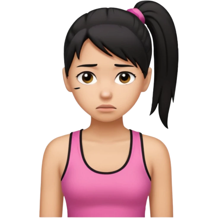 A tan girl with black hair in a ponytail. Wearing a pink tank top. Looking sad emoji