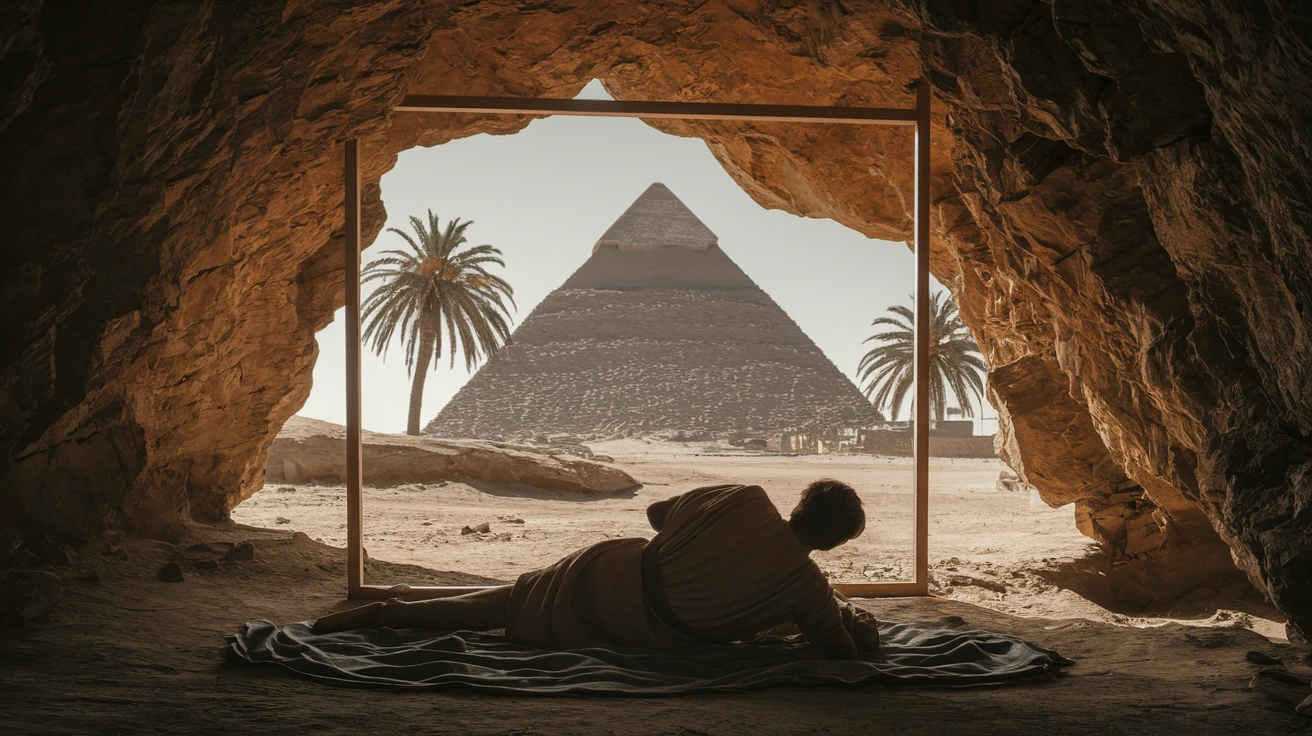 cinematic still, documentary photography, acient egypt, back shot of a man dress in ancient clothes in cave (frame in frame effect) on ground laying front of small ufo starship, palms, dynamic scane, leading lines, captured by arri alexa, depth layers, piramids in babckground emoji