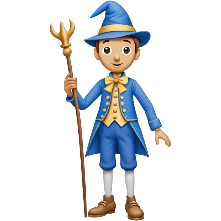 Wooden puppet Pinocchio with a long nose, wearing blue clothes and a pointed hat emoji