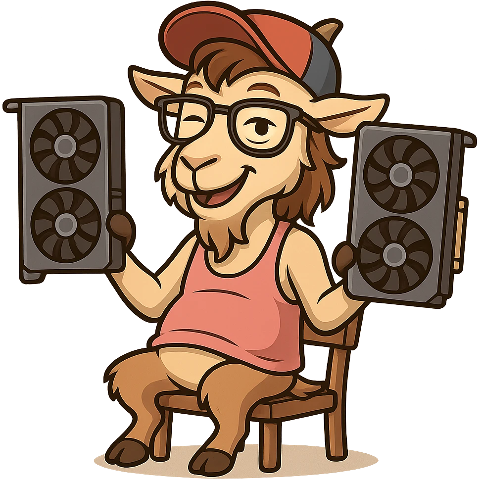 goat for Telegram stickers inspired by reference https://attic.sh/feoducyurkpqwz0la088soao98sx: wearing a cap, glasses, mullet hairstyle, pink drunkard tank top, sitting on a chair, holding a large video card in each hand at shoulder level, winking, pose like in the photo, clean lines, soft gradients. transparent background emoji