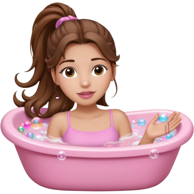 girl with wavy long ponytail brown hair, brown eyes, light to medium complexion, long lashes, light pink lipstick, wearing light pink shirt, lying full body in a white bathtub with bubbles emoji
