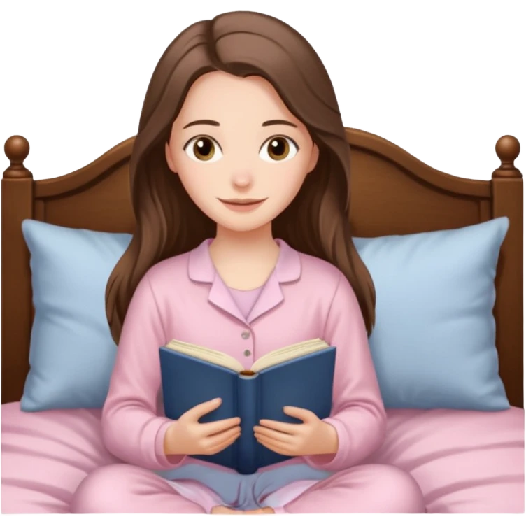  happy white long brunette hair girl with hazel eyes in light pink pajamas reading Pride and Prejudice emoji