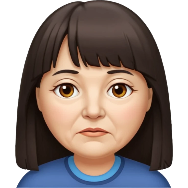 60 yr old woman, long hair down back, very small brown eyes, long hair, straight dark brown hair, bangs, chubby, long face, very tired emoji