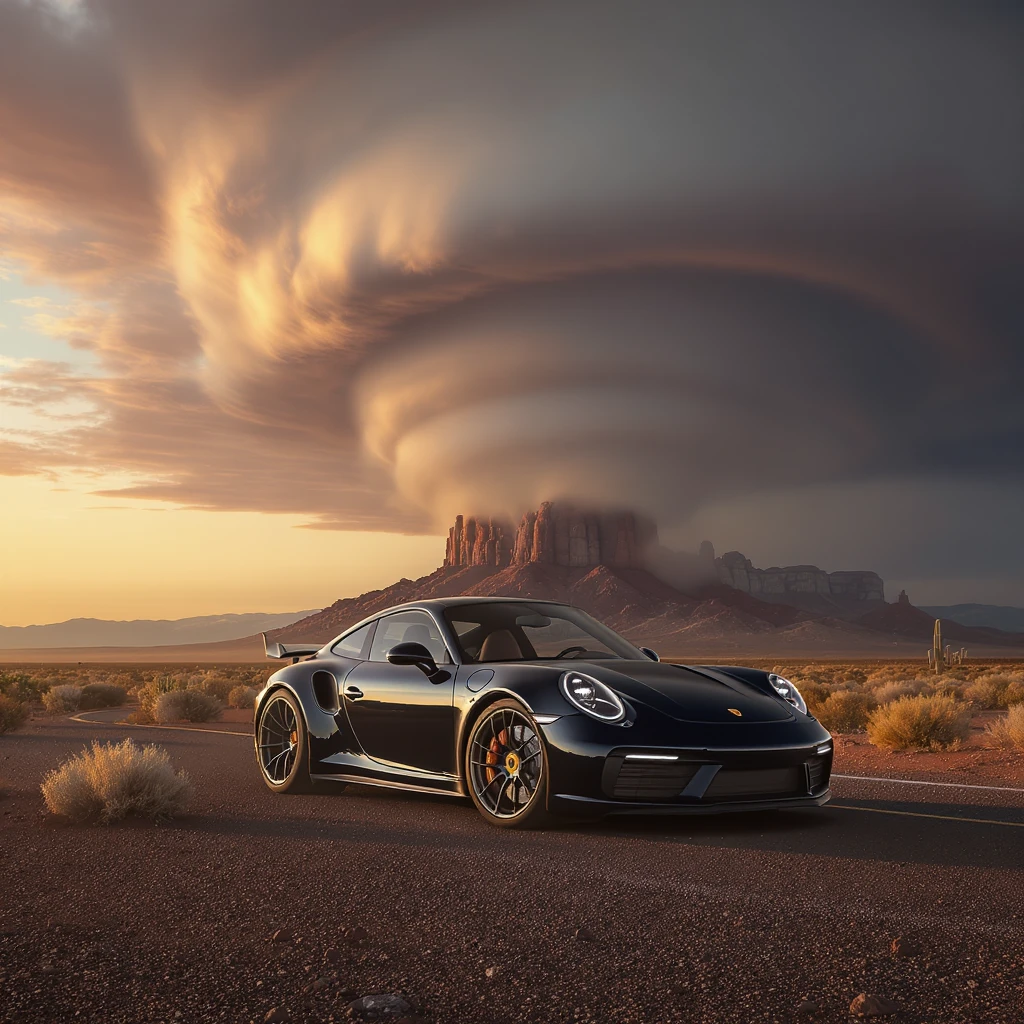 Cinematic still of a A modern desert mountain, wallpaper, modern, porsche 911, sunset, arizona desert, tornado in background emoji