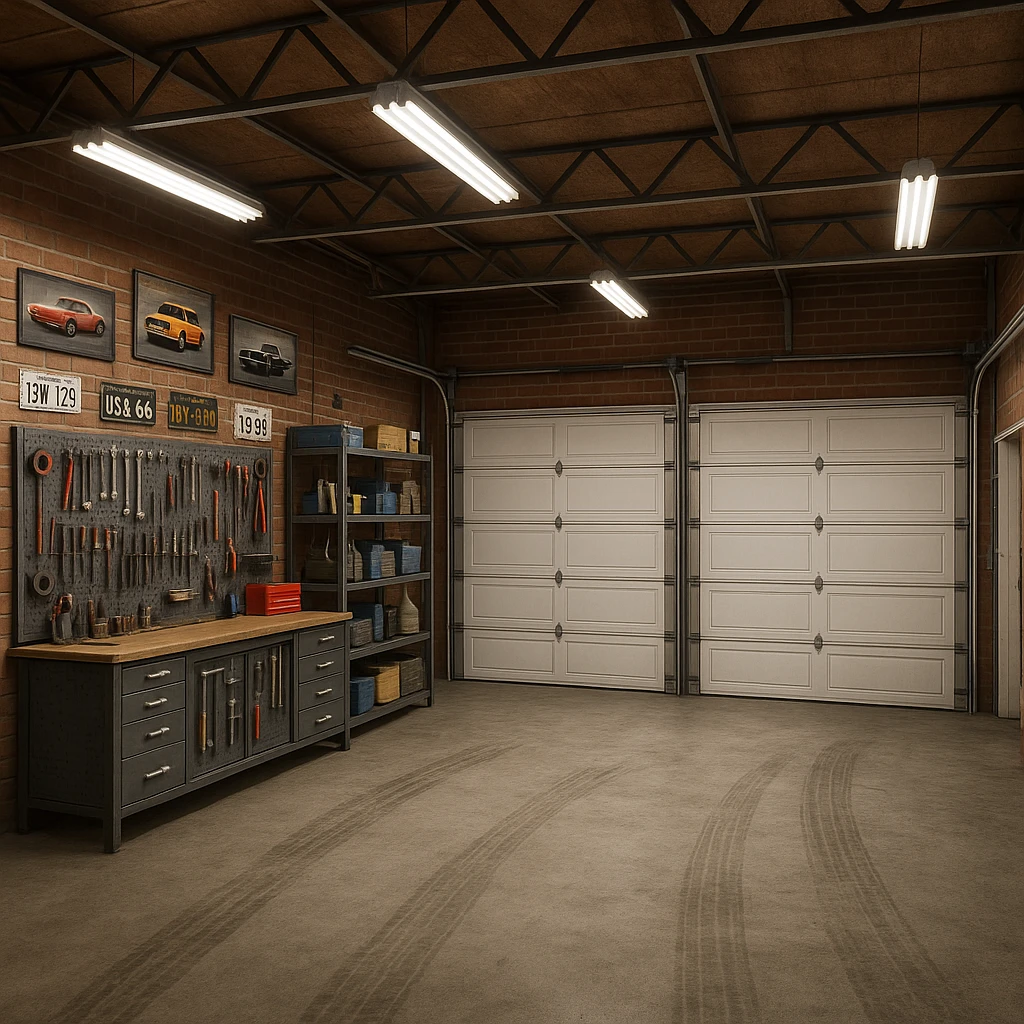 garage interior featuring three entrances, workbench, automotive theme emoji