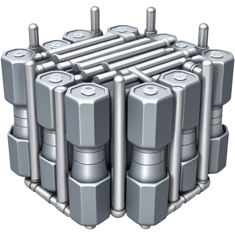 A bundle of uranium fuel rods used in a nuclear reactor, with a metallic structure and cylindrical rods, arranged in a hexagonal grid, futuristic and industrial style emoji