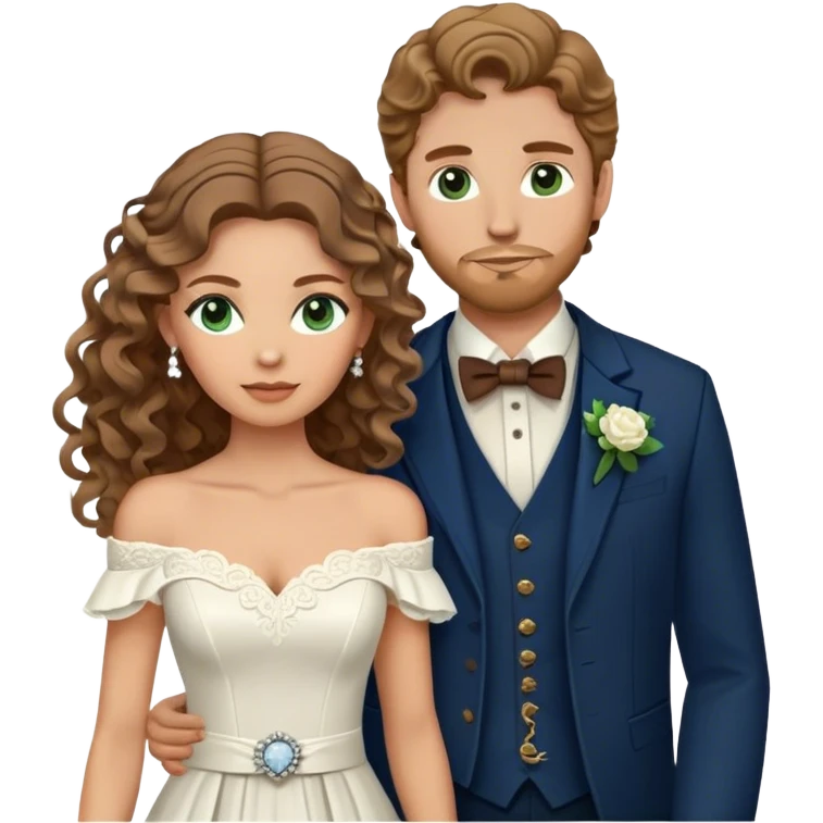 A bride and groom. Bride has brown hair with soft curls, has green eyes, wears an off shoulder dress. Groom has blond hair, dark blue eyes, wears a western suit with a brown vest and a bolo tie. emoji