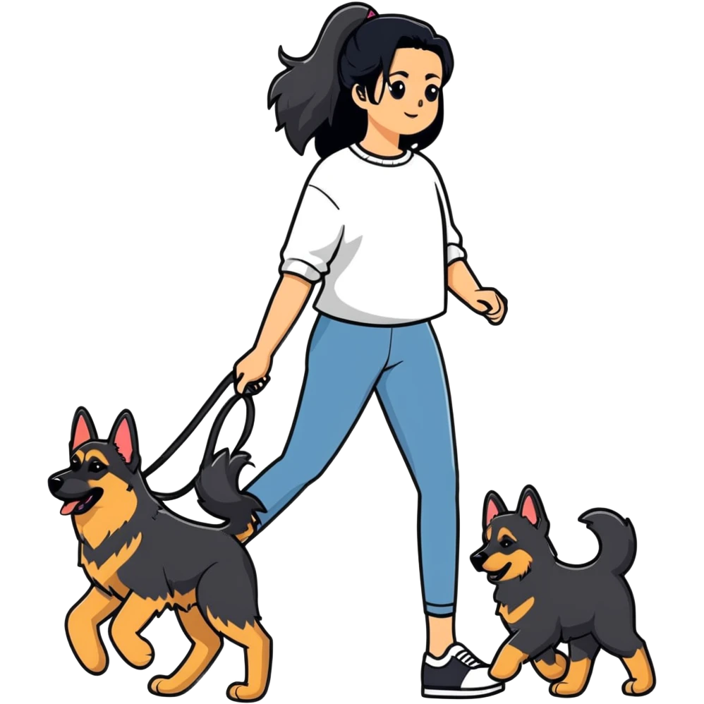 girl with long black hair walking a German Shepherd emoji